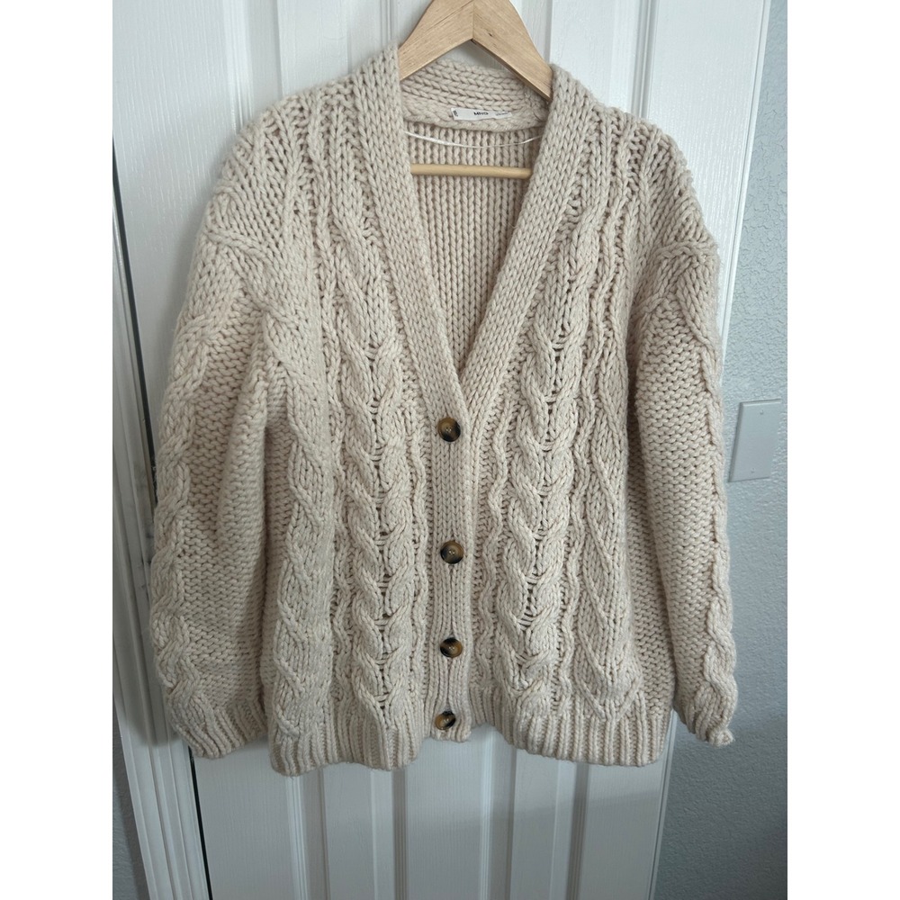 Mango MNG Women Cream Chunky Cable Knit Button‎ Front Cardigan Sweater Small
